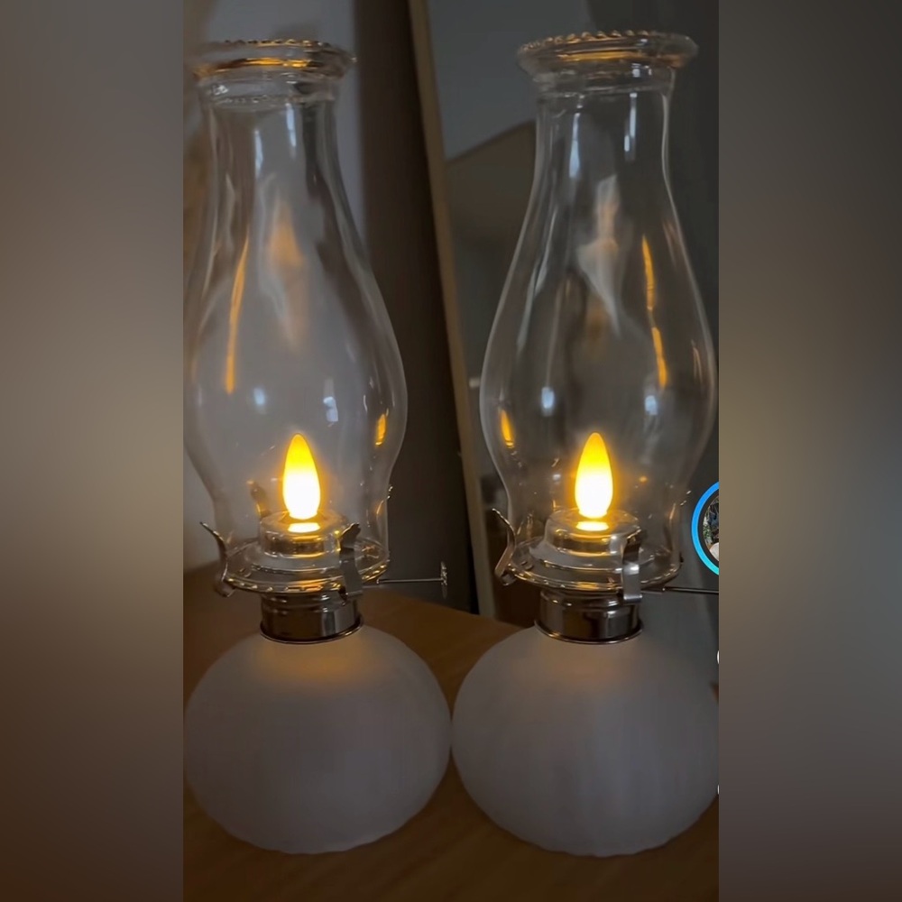 NEW! Bethlehem Lights Set of 2 Frosted Faux Glass Oil Lamps with Silver Accents